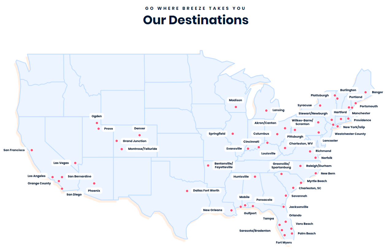 Breeze Airways Cities August 1 2024